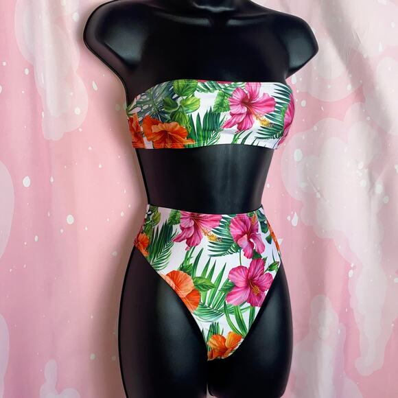 New XS‎ Tropical Retro Floral High Rise Strapless Bandeau Swimsuit Bikini - Picture 4 of 7